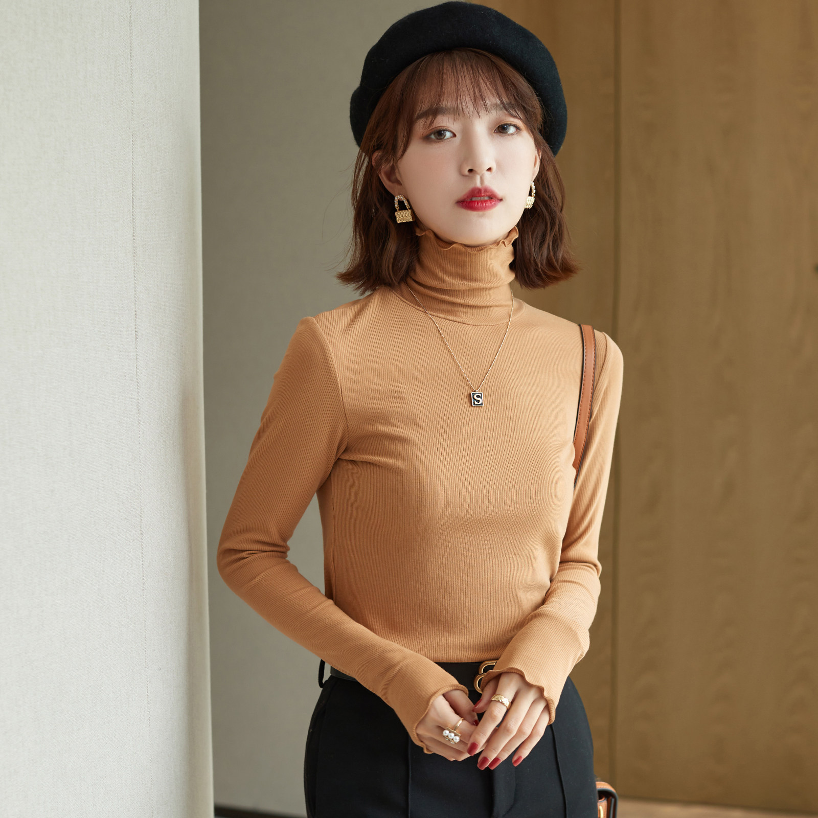 FENPERATE Pullover Turtleneck Knit Women's Early Fall Winter New 2022 Khaki Sweater Top