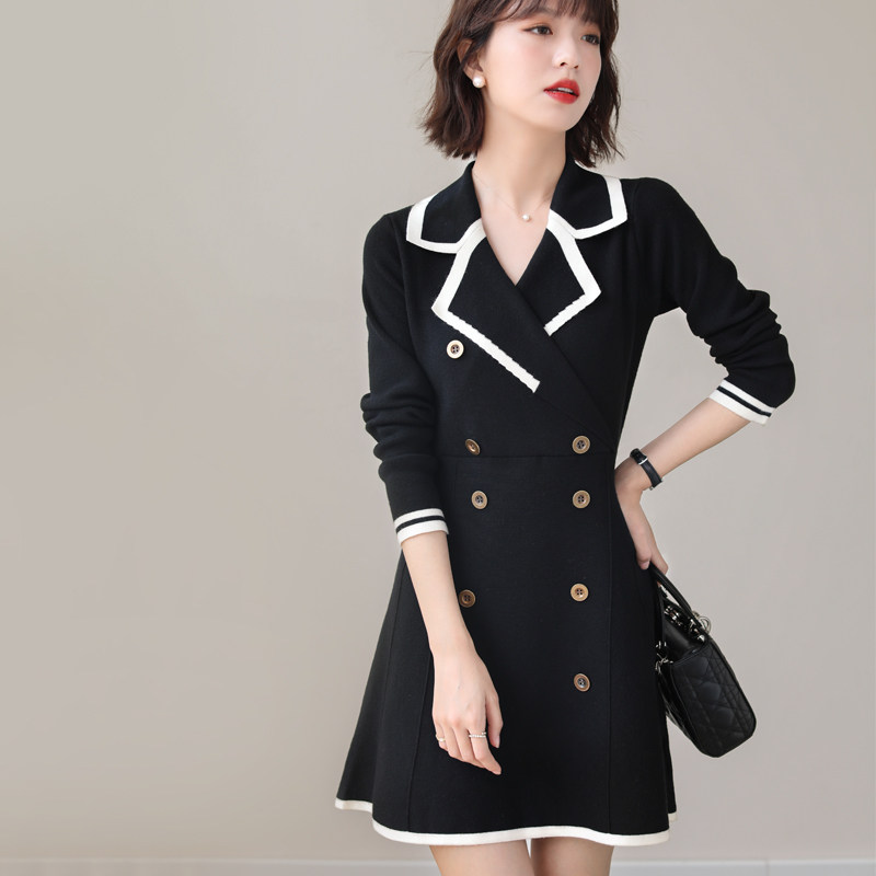FENPERATE French temperament and elegant commuting 2022 autumn new black double-breasted wool dress