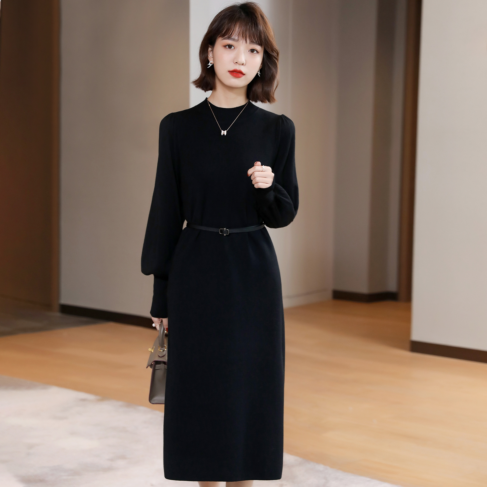 FENPERATE spring and autumn 2022 new French retro half turtleneck loose waist belt dress women