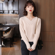 FENPERATE 2021 autumn and winter New elegant gentle wind hook flower V collar pullover wool soft waxy sweater