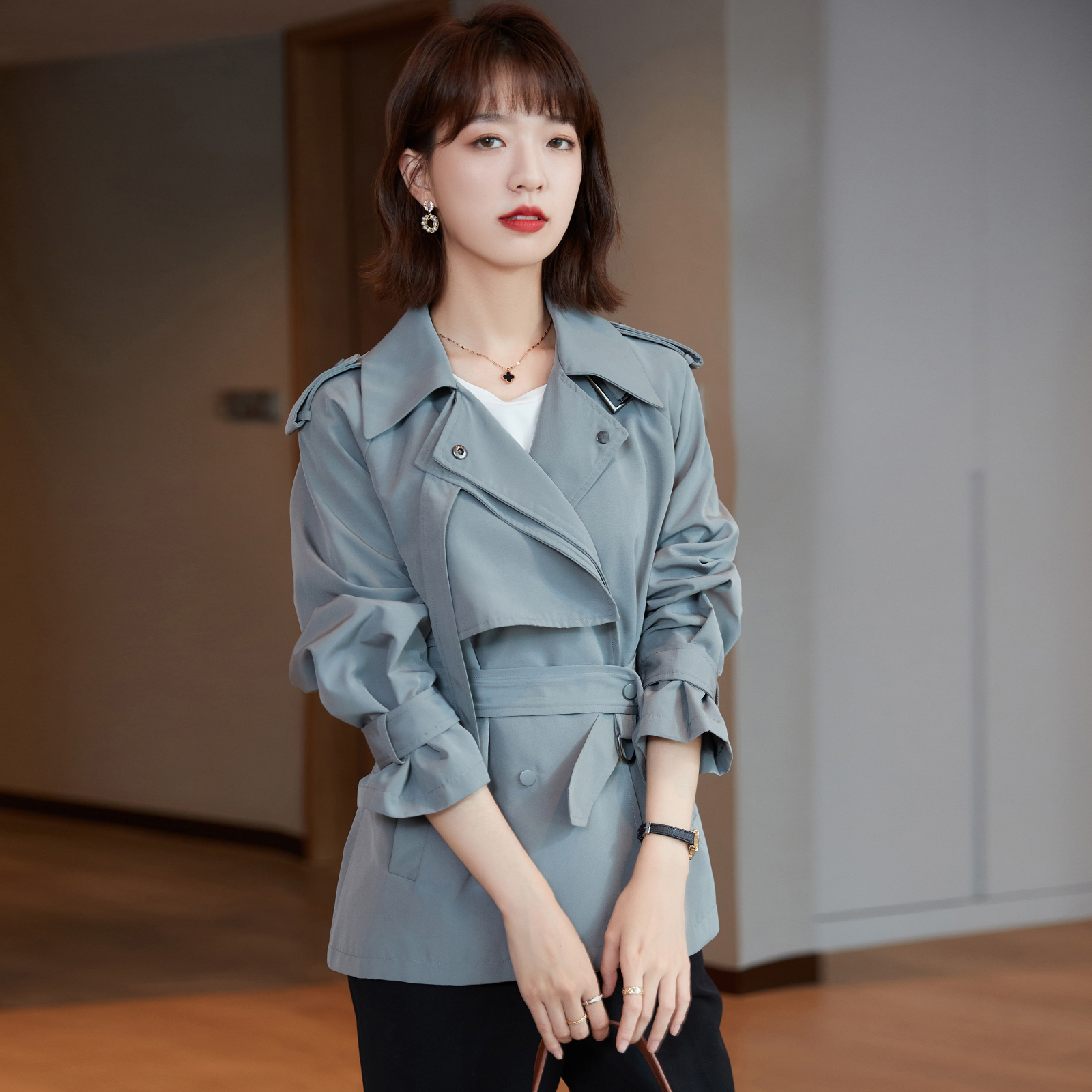 Lifting gas field recessed styled devinators 2021 Fall winter commuter 100 lap lace double-row buttoned windcoat jacket woman