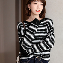 FENPERATE 2021 autumn new color light Pearl yarn wool pullover loose stripe black and white womens clothing