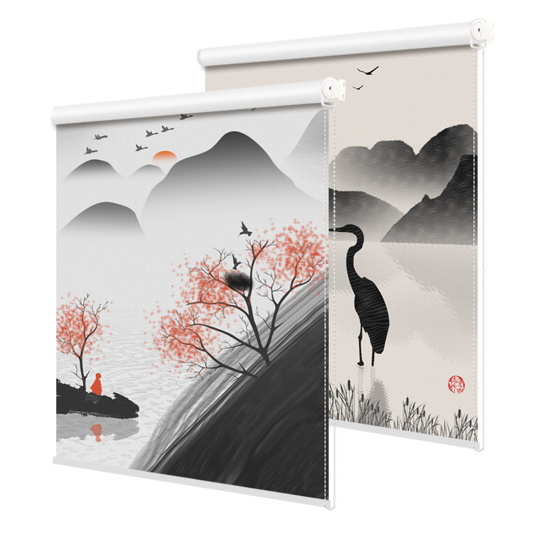 Expansion free hole installation new Chinese landscape painting curtain bedroom office full blackout lifting roller curtain