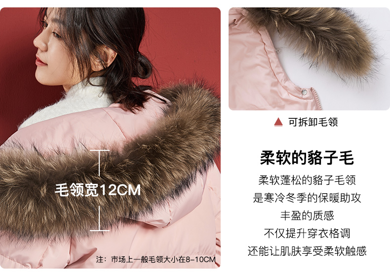 鸭鸭 2019新款大毛领 猫耳造型 长款羽绒服 图2