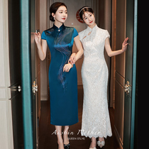 Blue Qipao Mother Dress Wedding Banquet Gown Wedding Dresses Mother-In-Law Young elegant temperament Xias big code gaokao delivery test woman