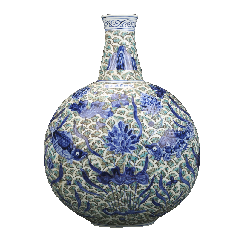 陶芸 明 宣德◆青花礬紅魚藻紋玉壺春瓶◆ 中国古董品 中国古美術 唐物古玩 置物 明宣德青花鱼藻纹玉壶春瓶