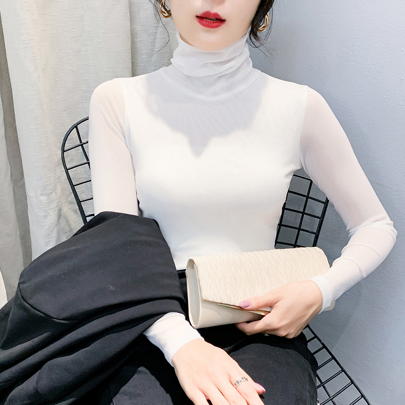 Spring and Autumn New Style High-Neck Mesh Long-Sleeve Base Shirt for Women, Elastic Slim-Fit Slimming Inner Wear, Plus-Size Lace Top T-Shirt
