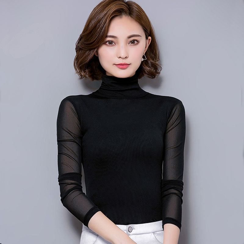 2026 Spring and Autumn New Large Size High Collar Mesh Base Shirt Long Sleeve Solid Color T-Shirt Women's Slim Fit Lace Top Trendy