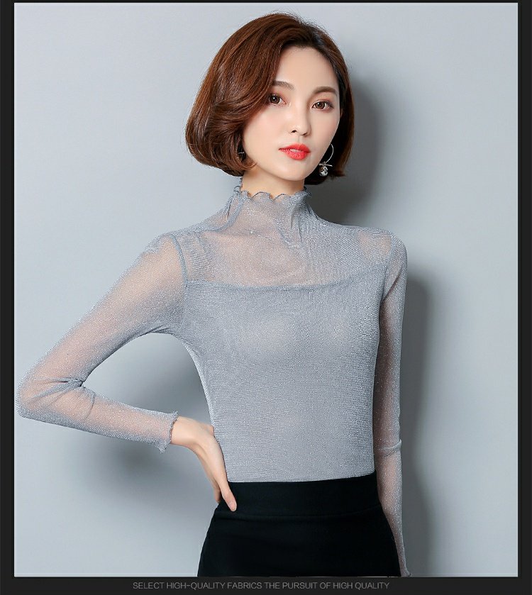 2018 mùa thu mới kích thước lớn của phụ nữ sáng lụa nấm nửa cổ cao mỏng lưới lưới áo thun dài tay áo phông form rộng nữ