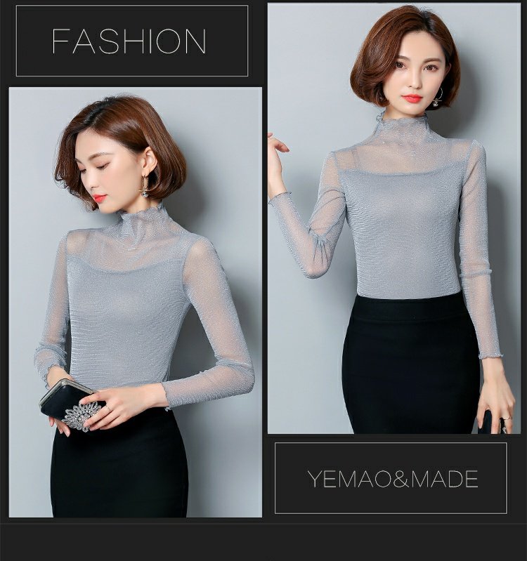 2018 mùa thu mới kích thước lớn của phụ nữ sáng lụa nấm nửa cổ cao mỏng lưới lưới áo thun dài tay áo phông form rộng nữ