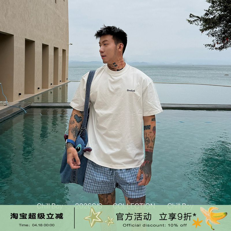 Chillboy Plain White T-Shirt American Basic Style Lazy Casual Versatile White Embroidered Loose Casual T-Shirt for Men