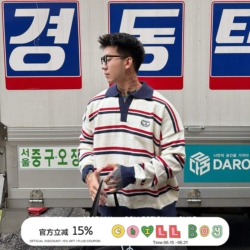 【Milky White Warm Winter】Chill Boy Striped Polo Knit Men's Loose Sweater Lazy Style Versatile Top Trendy