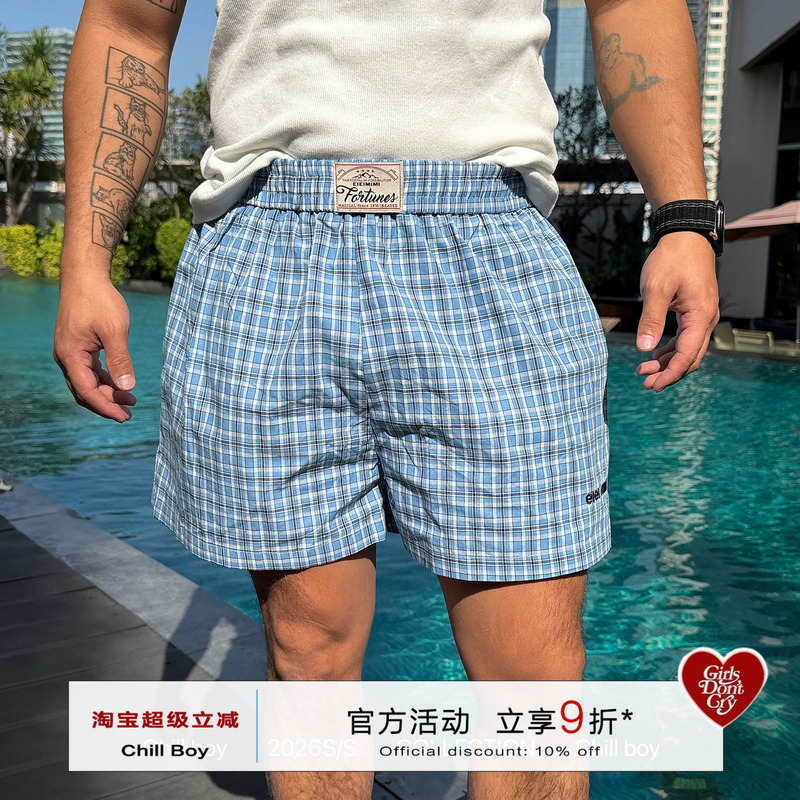 Chillboy Navy Plaid Sports Home Shorts for Men and Women, American Retro Plaid Loose Casual Beach Shorts