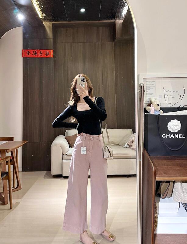 Pink High-Waisted Wide-Leg Flared Jeans for Women, Summer Slim-Fit Straight Pants, Petite Loose Drapey Bell-Bottom Pants