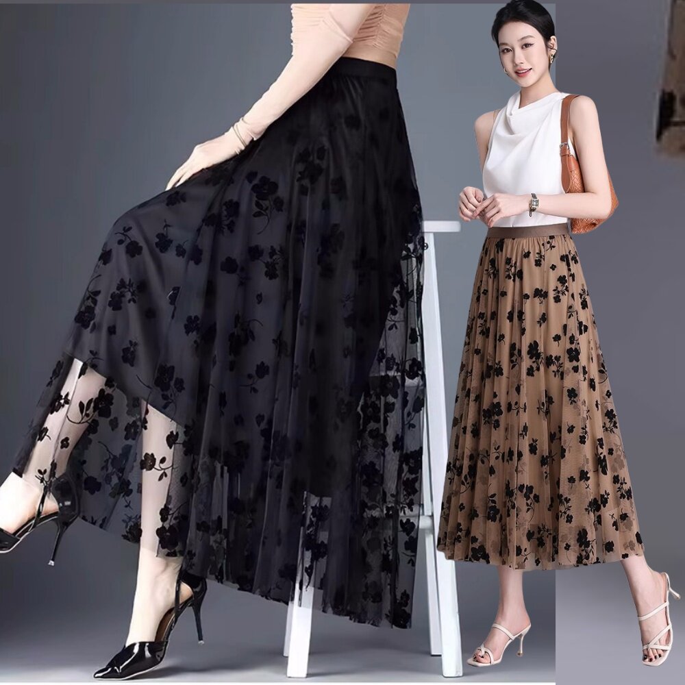 高端法式复古网纱半身裙女2026春夏新款中长裙蓬蓬裙植绒纱裙子