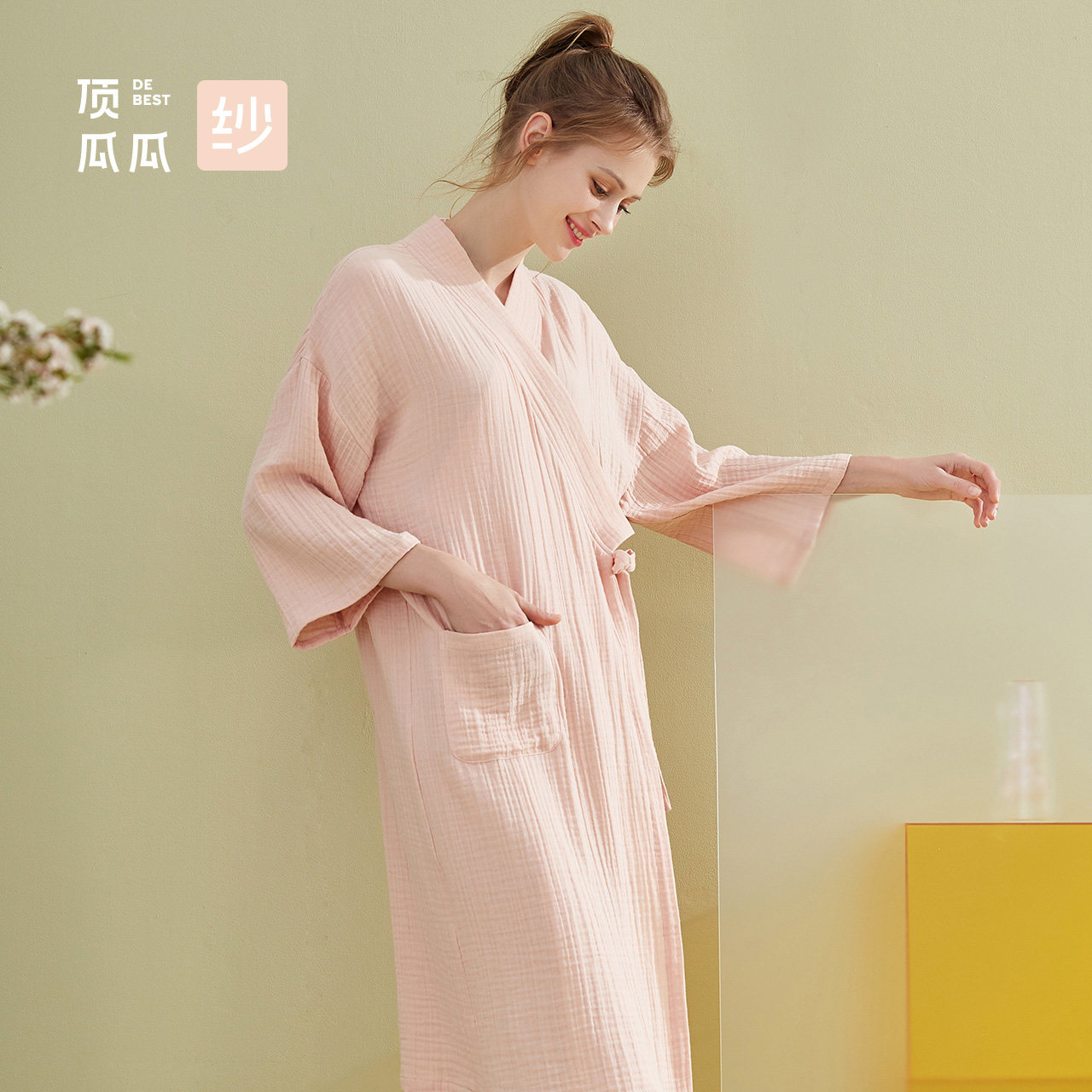 Top melon melon bathrobe women's long spring and autumn thin nightgown cotton double-layer gauze pajamas yuezi dress long sleeve nightdress new product