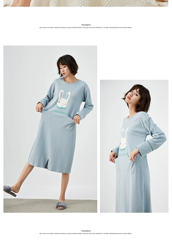 Top melon melon nightgirl nữ mùa xuân và mùa thu cotton thoải mái tay áo dài nhà dễ thương thời trang Hàn Quốc phiên bản dài của váy dài