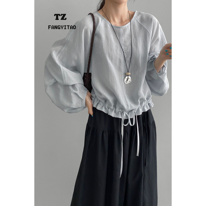 French-Style Tencel Ramie Drawstring Waist-Cinching Gentle Ruffle Edge Shirt for Women, Spring and Summer Lazy Sun-Protective Cover-Up Top