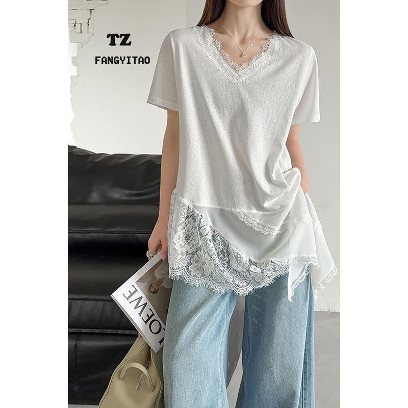Vintage Versatile Lace Trim Patchwork Irregular Thin Spring Layering Short-Sleeve T-Shirt, Mid-Length, Women's Drapey Slimming Effect