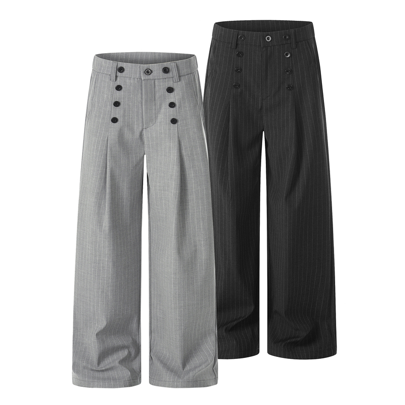 Calm Fit Double-Breasted Design with Subtle Stripes, Cleanfit Old Money Style Pleated Casual Loose Trousers for Men and Women