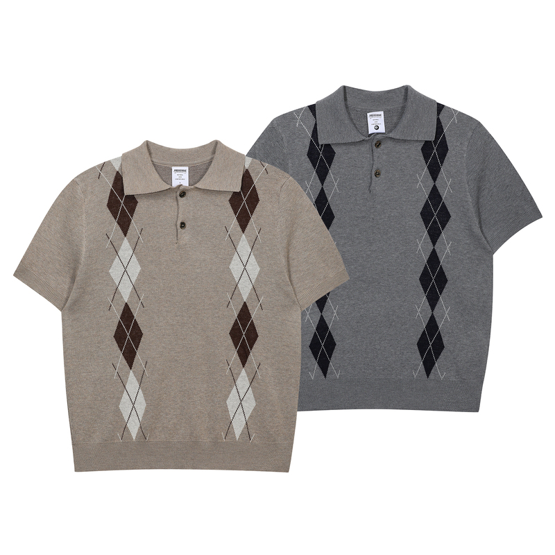 Calm Fit Regular Shoulder Short Wide-Fit Wool Blend Cleanfit Old Money Style Argyle Short-Sleeve Knit Sweater T-Shirt
