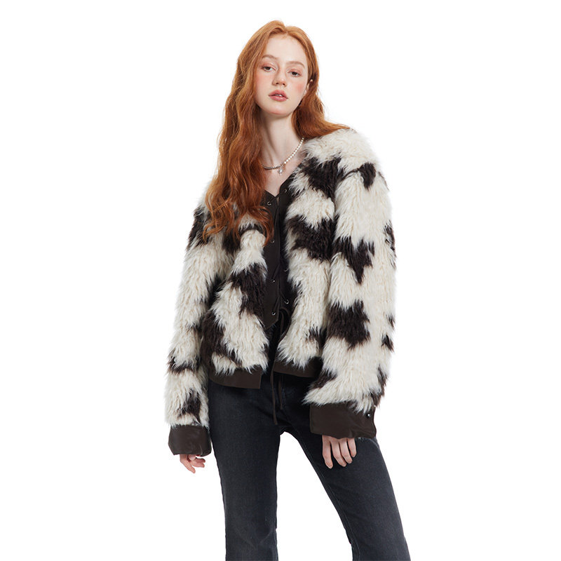 Les Fortes 22AW Original Brown Cow Pattern Plush Patch Leather Coat Lace Design High-Level Fur