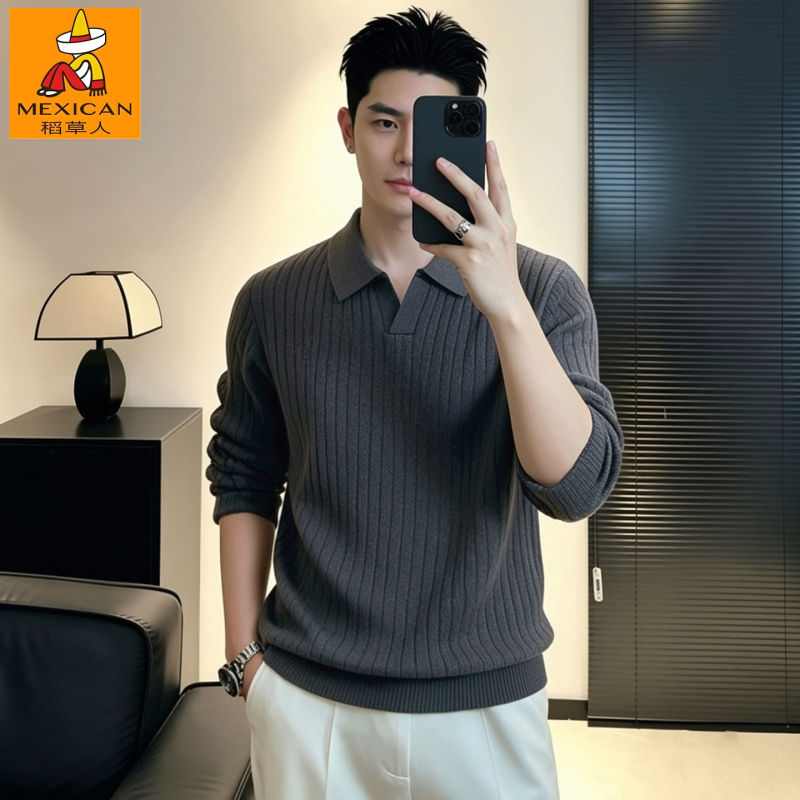 Scarecrow Autumn High-End Polo Collar Sweater for Men, Solid Color Jacquard Striped Turn-Down Collar Long-Sleeve Knitwear Base Shirt Scarecrow Autumn High-End Polo Collar Sweater for Men, Solid Color Jacquard Striped Turn-Down Collar Long-Sleeve Knitwear Base Shirt