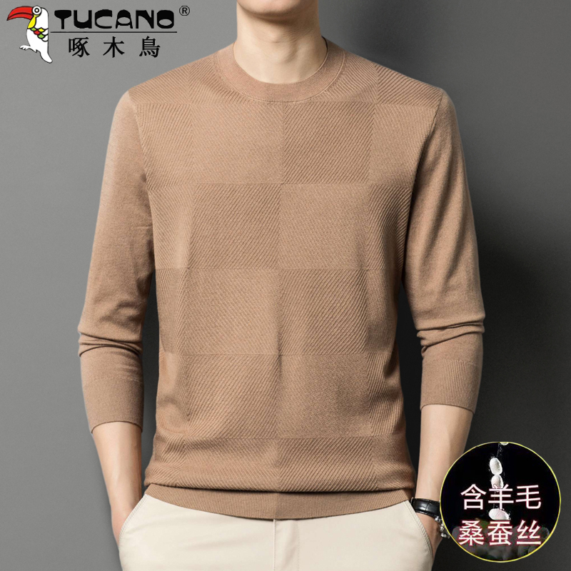 Woodpecker Spring and Autumn Wool Sweater Men's Round Neck Thin Knitted Base Shirt Sweater Men's High-End Mulberry Silk T-Shirt