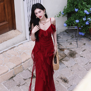 Лазурный свет французский крышка старый красный Красочный оборудование может плечо платье лотос опрессовка тяжелый юбка Открытая короткая юбка