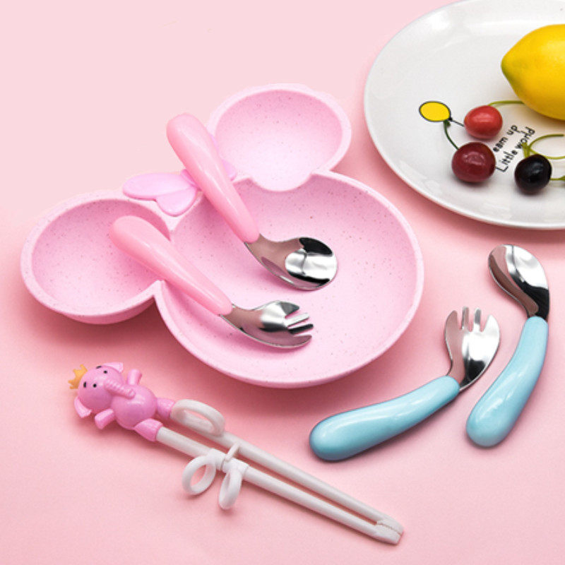 Baby learning to eat training spoon 304 stainless steel short handle fork spoon auxiliary food spoon fork children's tableware set