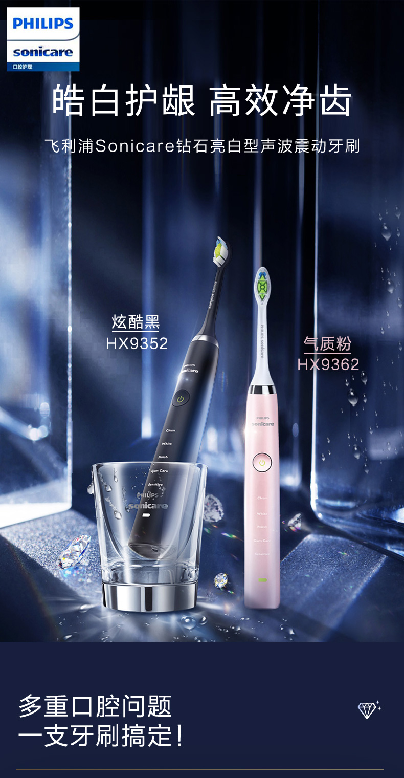 飞利浦 旗舰钻石系列 HX9352+HX9362 声波电动牙刷 2支礼盒装 图2