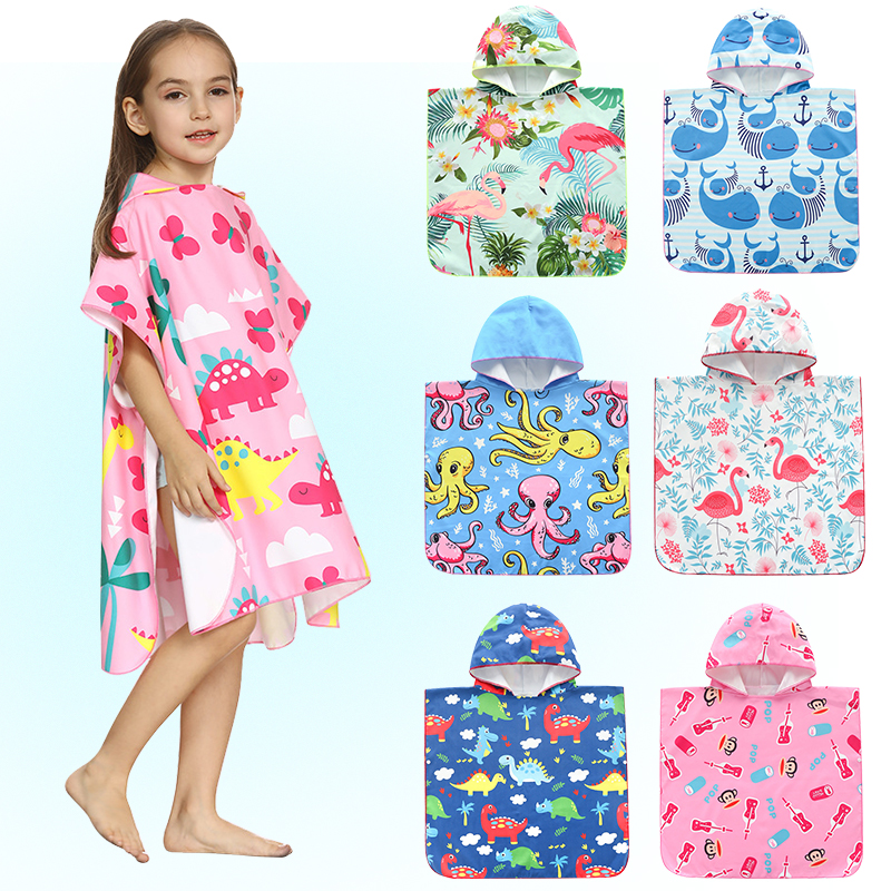 Children's speed dry bath towel beach dress changing cloak Baby cloak with hat cartoon swimming hot spring water