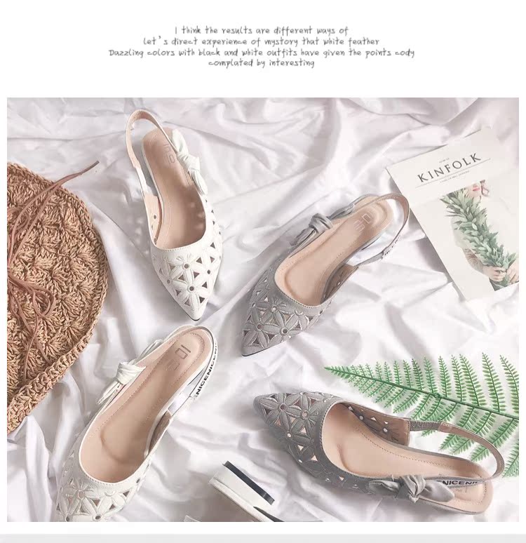 Dép thêu phẳng nữ nhỏ nhang da rỗng da nhọn giày đơn chữ trắng nơ phẳng giày sandal nữ đi học