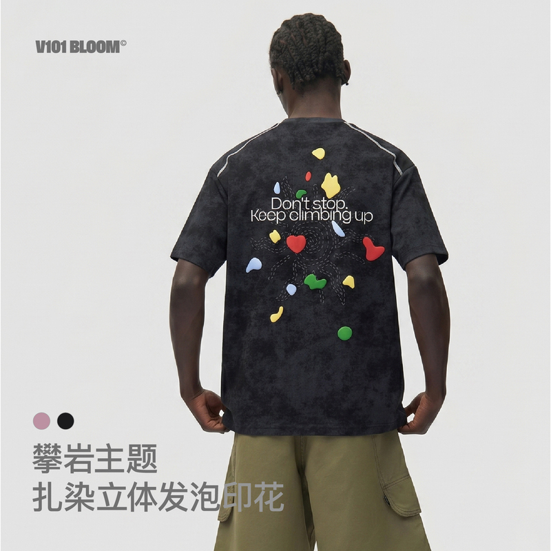 V101 Bloom Summer Printed Short-Sleeved T-Shirt for Men, Loose Outdoor Trendy Brand Rock Climbing Sports Tie-Dye Black Top