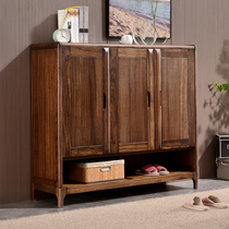 Black gold wood three-door shoe cabinet all solid wood small apartment with open door home porch cabinet simple modern log locker