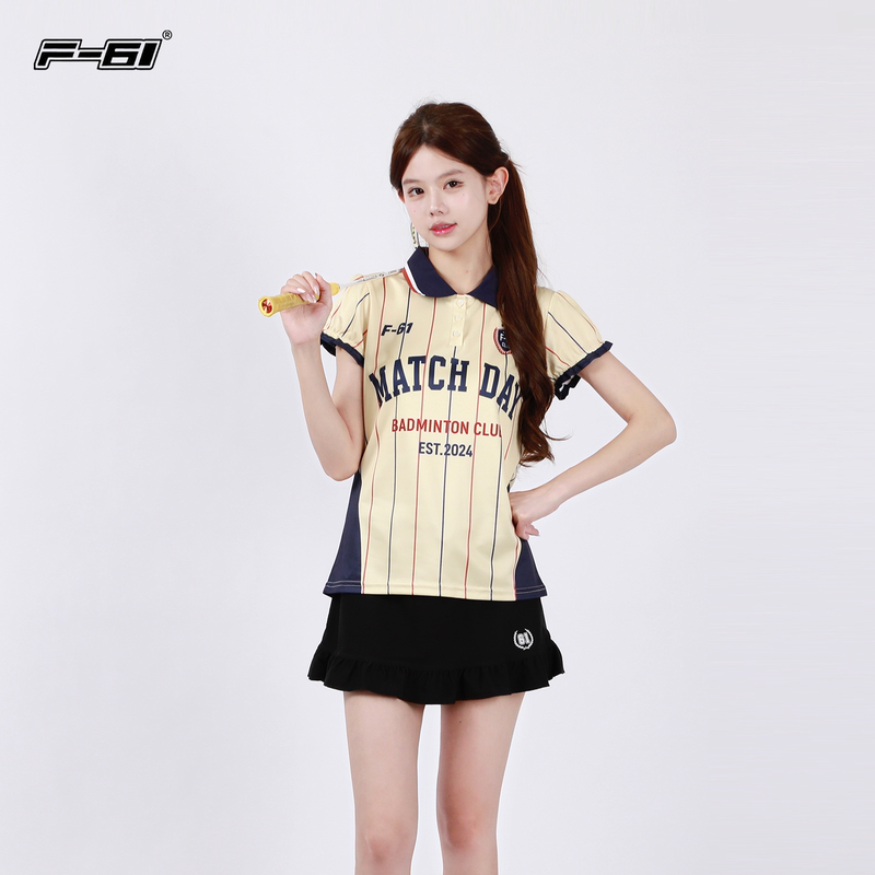 F61 New Style Wheat Ear Badminton Shirt for Women, Quick-Dry Short-Sleeve 150g Breathable Sports Shirt with Polo Collar and Mesh Fabric T-Shirt