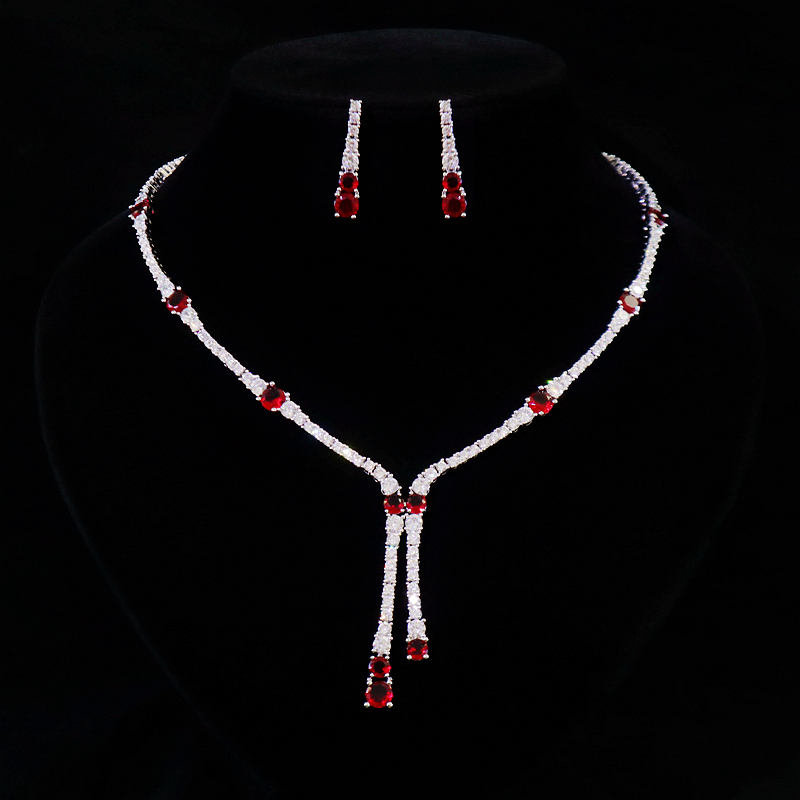 Red, Yellow, Green, Silver, Light Luxury Jewelry, Zircon, Fashionable Necklace and Earrings Two-Piece Set, Wedding Dress Accessories Red, Yellow, Green, Silver, Light Luxury Jewelry, Zircon, Fashionable Necklace and Earrings Two-Piece Set, Wedding Dress Accessories