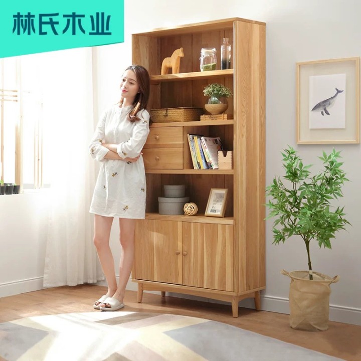 Lin's wood industry all solid wood bookcase bookshelf Japanese living room study oak display rack storage cabinet BH6Q