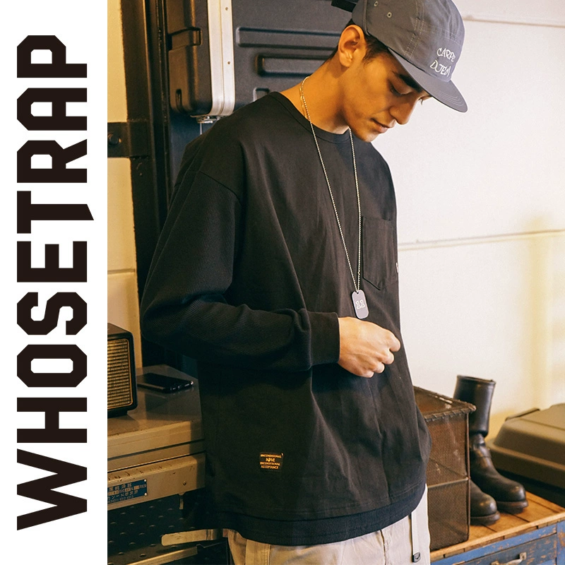 WHOSETRAP thương hiệu thời trang mới thủy triều quốc gia Mỹ hip-hop lỏng lẻo khâu áo thun dài tay TEE dài - Áo phông dài