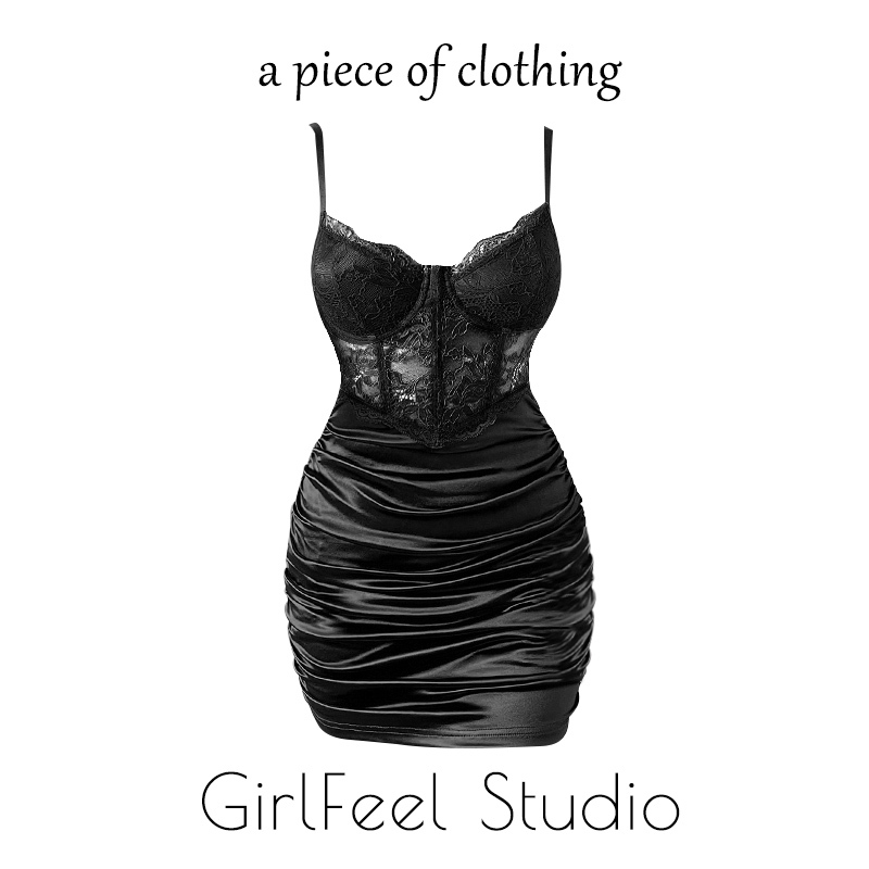 Black Pure and Sexy Lace Camisole Dress for Women, Summer 2025 New Style, European and American Hot Girl Fishbone Bodycon Dress