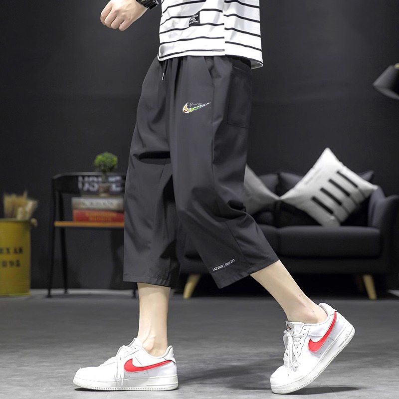 Nike Sports Over-The-Knee Capri Pants for Men, Summer Thin Ice Silk Breathable Loose Straight Quick-Drying Casual Shorts
