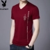 Playboy Summer Men V-cổ ngắn tay áo thun cotton nguyên chất Slim Slim màu nửa tay áo trẻ trung Hàn Quốc áo thun mỏng - Áo phông ngắn