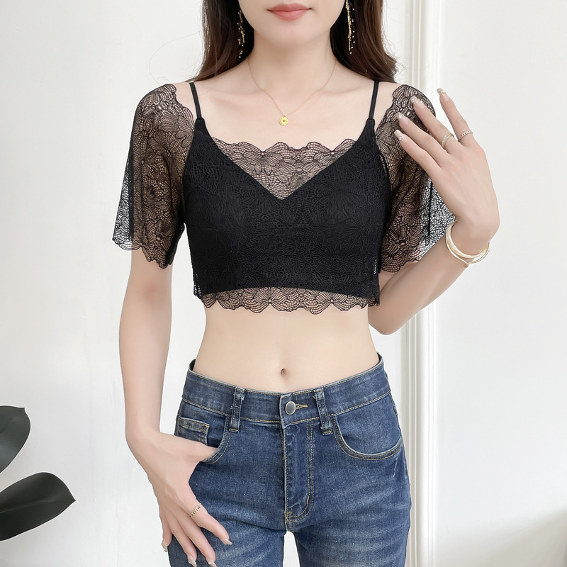 Elegant Off-The-Shoulder Raglan Top with Butterfly Lace, High-End Feel, Anti-Exposure, Tube Top, Arm-Covering Short-Sleeve Top