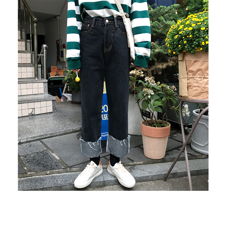 Xin giúp phiên bản tiếng Hàn của học sinh eo cao Harajuku hoang dã giản dị đen uốn xoăn chân rộng quần jeans nữ mùa đông quần sọt jean nữ
