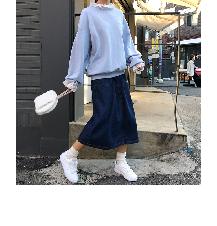 Xin Bang Bang 2018 Hồng Kông phong cách retro denim váy mùa thu eo cao thẳng rửa váy dài váy chân váy len dài