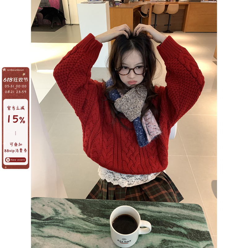 Xinbangbang Retro Red Sweater for Women in Winter, Christmas Outfit, Can Be Worn Outside or as an Inner Layer, Korean Style Thick Knitted Top