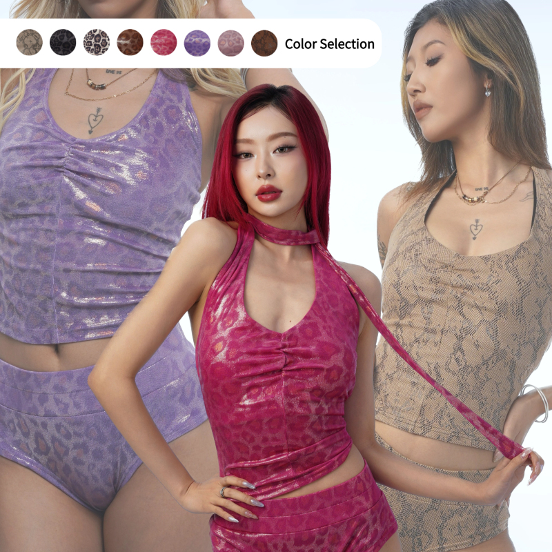 Iamyoyo Leopard Print Halter Top Snake Print Rock Zoo High-Quality Fabric High-Strength with Chest Pads