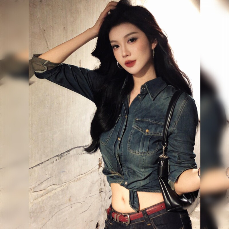 Retro Chic Denim Polo Collar Half-Sleeved Shirt for Women Early Spring New Style High-End Age-Reducing Stylish Cardigan Top