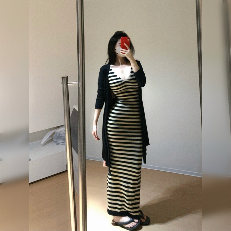 Hot Girl Style Striped V-Neck Suspender Dress Women's Spring New Style Irregular Hem Slit Hip-Hugging Long Skirt