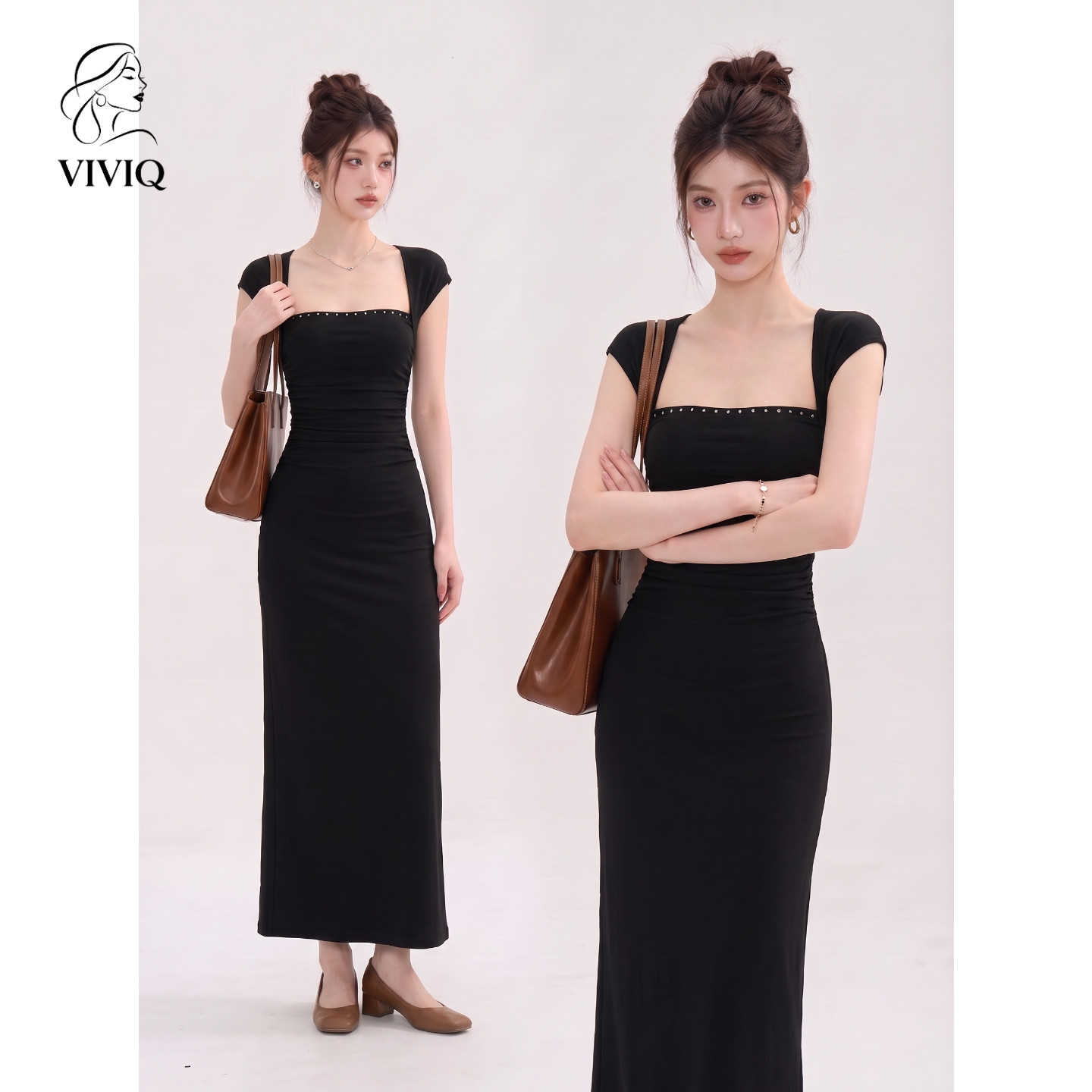 Black elegant square neck dress, new autumn style, unique and beautiful studded pleated waist-cinching long dress.
